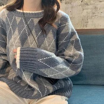 נשים סרגה סוודר אופנה גדולים Pullovers החורף ארגייל חופשי סוודר קוריאנית המכללה סגנון נשים מגשר Sueter Mujer